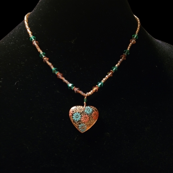 Vintage Jewelry - Vintage - Hand Painted Heart & Crystal Necklace